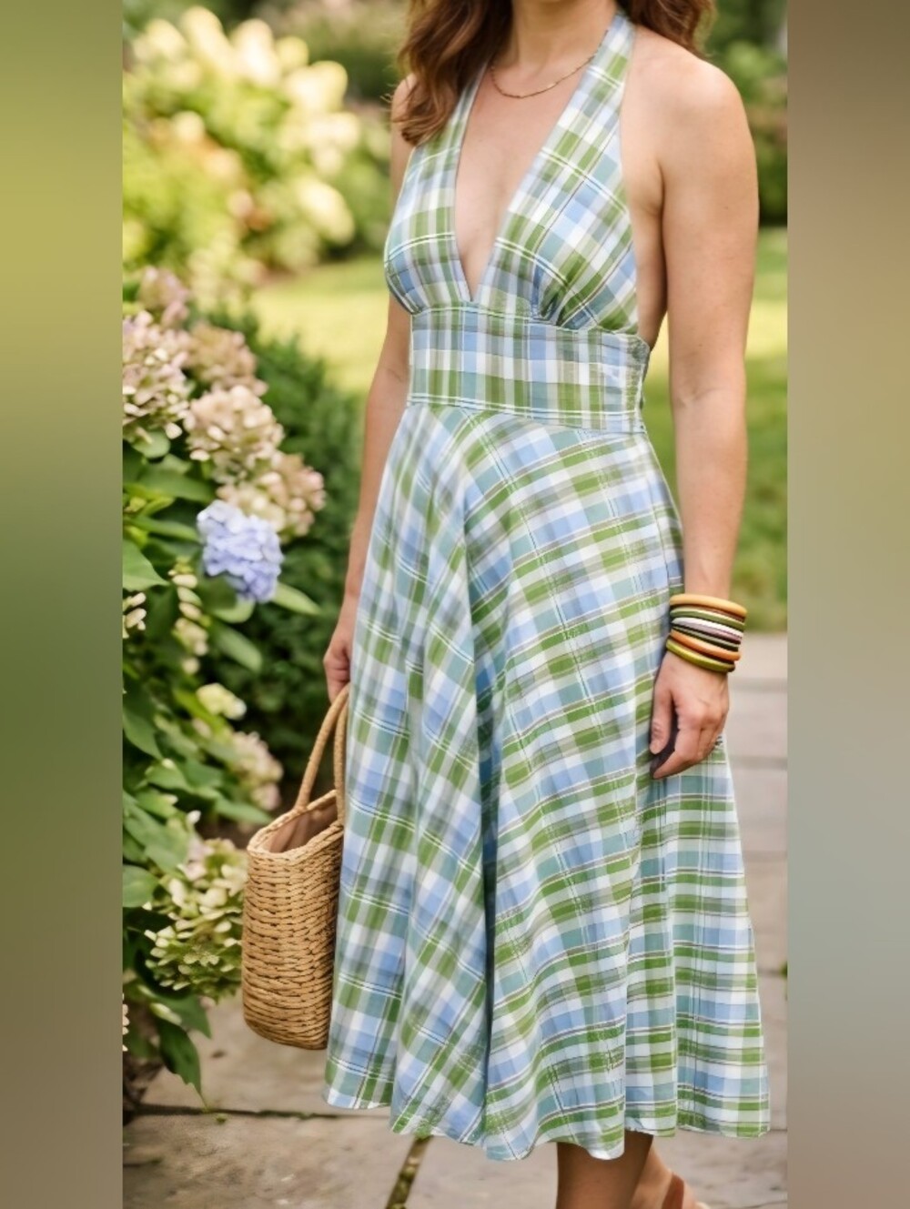 J. Crew Green and Light Blue Plaid Halter Midi Dress